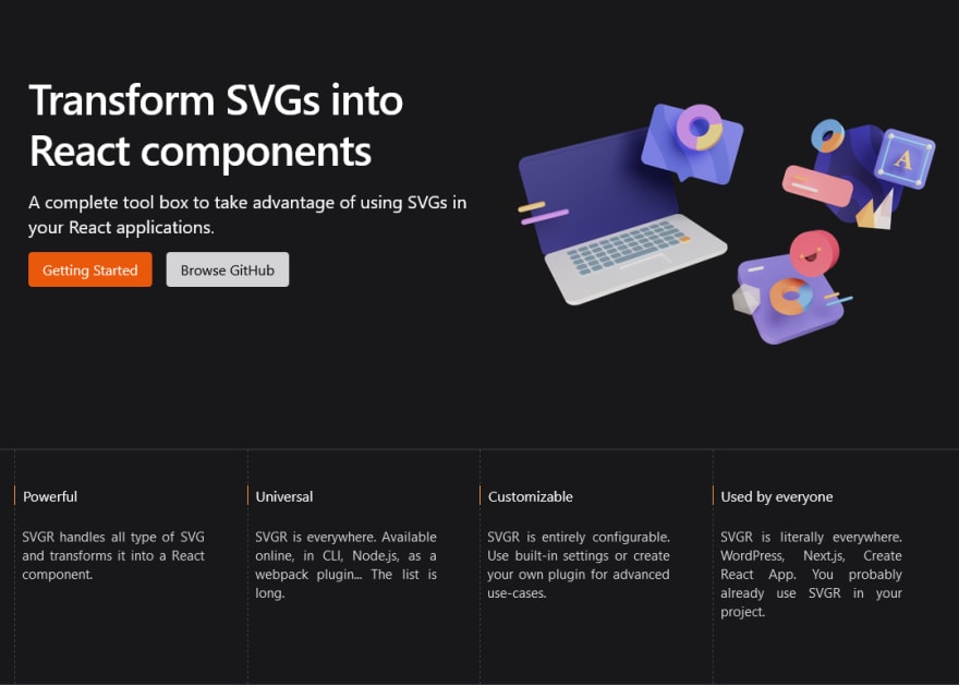 SVGR Landing page screenshot that says transform SVGs into react components, a complete tool box to take advantage of using SVGs in your React applications